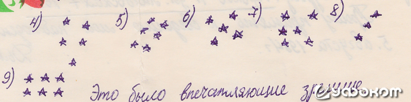 Рисунок В. Е. Дьякова с фазами наблюдения явления в небе в г. Лунинце в ночь с 3 на 4 августа 1984 года. Фазы 4-9.