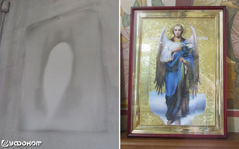 Икона Архангела Гавриила и след от нее на стене храма преподобного Сергия Радонежского в г. Воронеже.