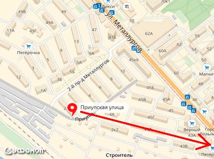 Место и направление наблюдения НЛО очевидцем В. с ул. Приупской.