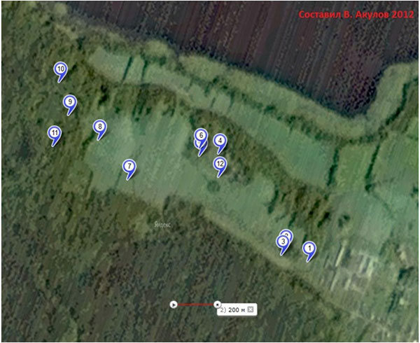 Рис. 2. Общая схема найденных и описанных камней, зафиксированных с помощью GPS-навигатора Garmin 62s.