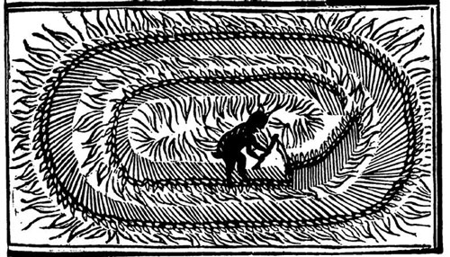 Иллюстрация из английской брошюры 1678 года под названием «Mowing-Devil» (дьявол-косарь). Цитата: «…пытливый Фермер быстро прибыл на место, где рос его овес, и к своему восхищению обнаружил, что овес был скошен и готов к уборке; а так как Дьявол имел замы