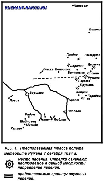 Рис. 1. Предполагаемая трасса полета метеорита Ружана 7 декабря 1894 г. Рис. 1. Предполагаемая трасса полета метеорита Ружана 7 декабря 1894 г.