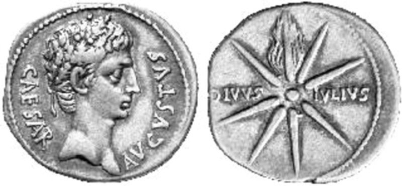 Изображение кометы 44 г. до н. э. на монете времен императора Августа. Рядом с ней написано «Божественный Юлий [Цезарь]».