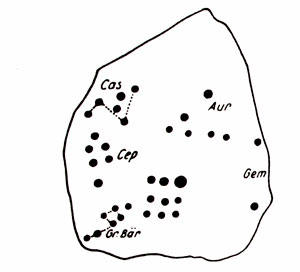 Созвездия на камнях по М. Мюллеру (1939): Кассиопея (Cas), Цефей (Cep), Большая медведица, Возничий (Aur) и Близнецы (Gem).