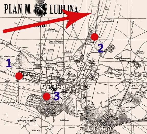 Наблюдение болида в Люблине. 1 — рогатка варшавская, 2 — рогатка Любартовская. 3 — возможная точка наблюдения. Этой схемы нет у Покрывницкого. Схема добавлена Ruzhany.narod.ru