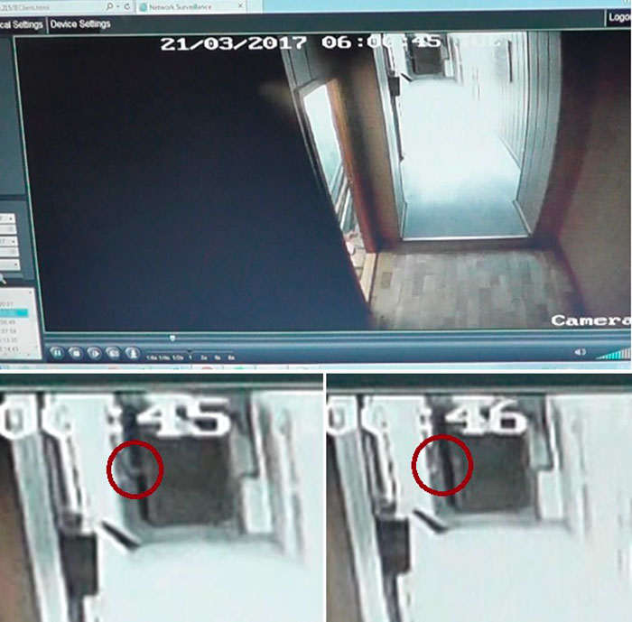 Момент включения света и рука сторожа, нажимающая на выключатель в момент времени 06:00:45 (скриншот с камеры видеонаблюдения).