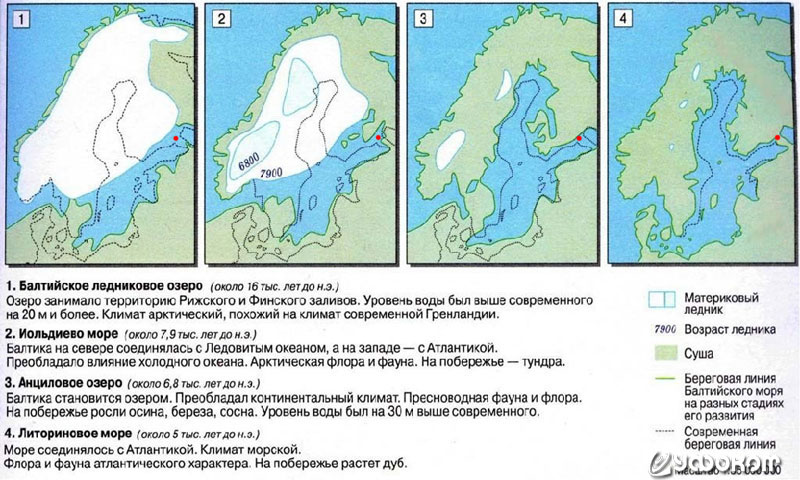 Рис. 8. Местоположение горы Соканлинна (отмечено красной точкой) относительно береговой линии на разных стадиях формирования Балтийского моря.