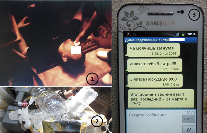 Рис. 4. Последствия активности полтергейста «Затана» в Таганроге, апрель 2015 г.: (1) Скриншот из видео, где запечатлено возможное воздействие полтергейста на очевидца; (2) емкости от потребленных горячительных напитков, купленных по приказу «Затана»; (3) Рис. 4. Последствия активности полтергейста «Затана» в Таганроге, апрель 2015 г.: (1) Скриншот из видео, где запечатлено возможное воздействие полтергейста на очевидца; (2) емкости от потребленных горячительных напитков, купленных по приказу «Затана»; (3)