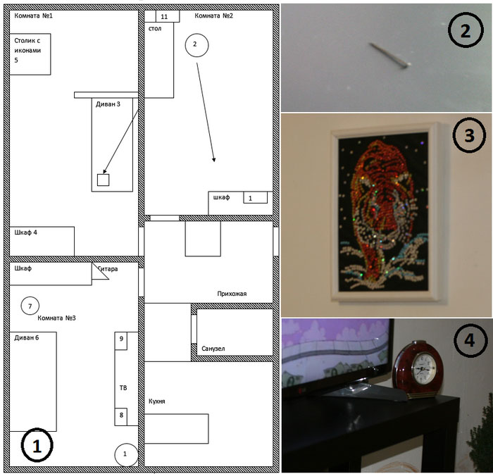 Рис. 2. Исследование полтергейста в Нижнем Новгороде, февраль 2015 г.: (1)	карта квартиры с отмеченными эпизодами активности полтергейста; (2), (3) одна из иголок на столе и обнаруженный источник иголок – картина тигра; (4) будильник, который постоянно пр
