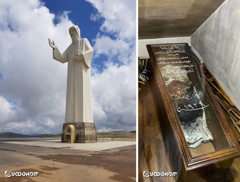 23-метровая статуя святого Шарбеля, установленная в 2017 году в ливанском городе Фарайя (слева). Одежда и простыни Шарбеля, где видны следы того, что его тело продолжало мироточить на протяжении многих лет (справа). Оба фото: www.pervoeradio.fm.