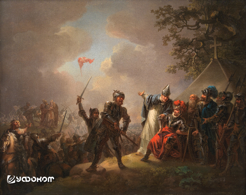 Картина датского художника Кристиана Августа Лоренцена «Падение Даннеброга» написана в 1809 году. Следуя призыву Папы Гонория III, датский король Вальдемар II отправился в поход против язычников-эстов. 15 июня 1219 года крестоносцы подверглось неожиданном