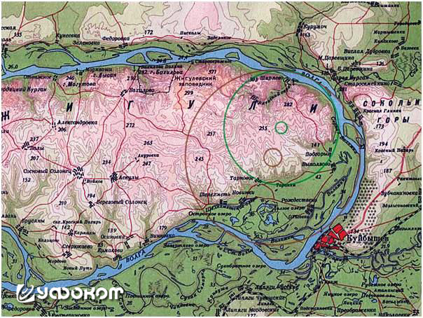 Восточный фрагмент Самарской Луки. Малый красный кружок – урочище Кереметь. Большой красный кружок примерно соответствует потоку основных масс воды, текущих в этих местах. Малый зеленый кружок – урочище Чурокайка. Большой зеленый кружок – примерный путь з