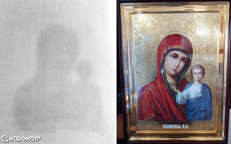Икона Казанской Божией Матери и ее отпечаток на стене Кирилло-Мефодиевской церкви села Шатрово.