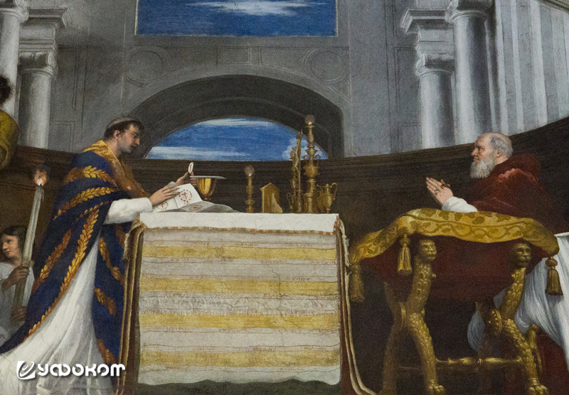 Рисунок 1. Фрагмент картины Рафаэля «Месса в Больсене», 1512–1514 годы. Во время службы в момент поднятия гостии (лат. «святые дары») на ней в пяти местах выступила струями кровь.