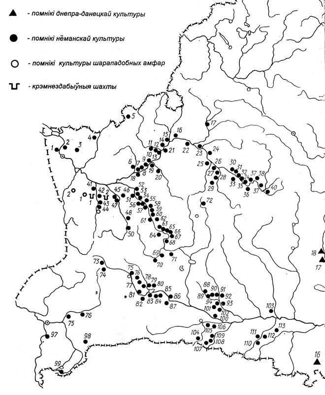 Рис. 5. Фрагмент «Карты основных неолитических памятников в бассейне Немана и Припяти» [1: 224–225].