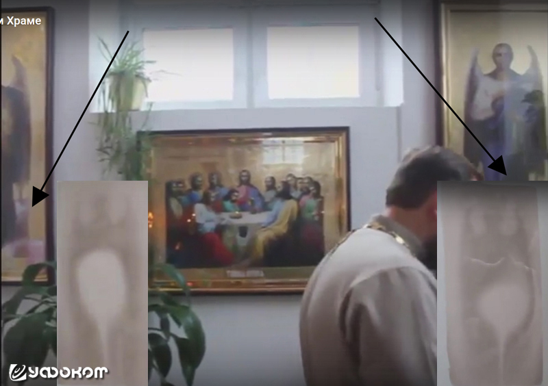 В Омске лики с характерными белыми пятнами также проявились под иконами, расположенными по обеим сторонам от окна – также в месте наиболее активной циркуляции воздуха (скриншоты из видео пользователя vk.com «Православное слово»).