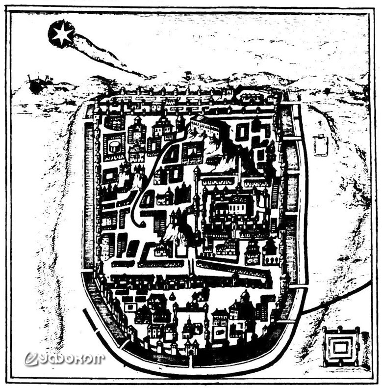 Комета Галлея над Иерусалимом. Гравюра из книги Станислава Любинецкого «Theatrum Cometicum» (1666). 