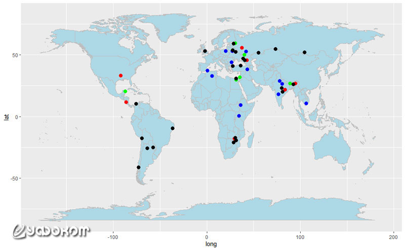 Рис.1.2. Карта мировой активности полтергейста за период 2017–2020 годов  (черный – 2017 г., синий – 2018 г., красный – 2019 г., зеленый – 2020 г.).