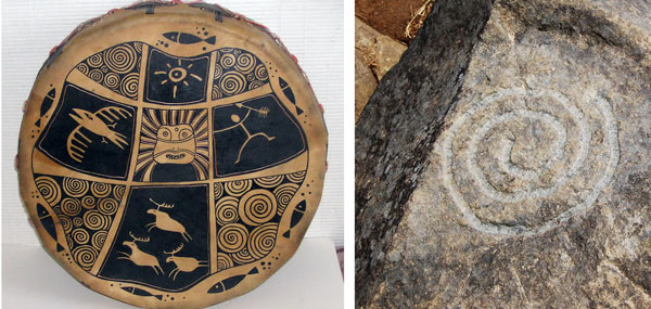 Слева: шаманский бубен. Справа: один из камней Сикачи-Аляна.