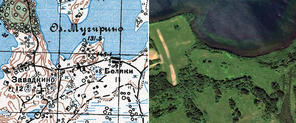 Дер. Беляки на карте 1936 г. (слева) и урочище Беляки на современных спутниковых снимках (справа).