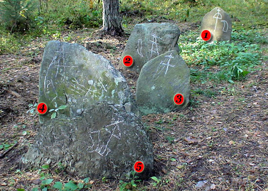Каменные валы Стеберакские («Каменные Быки»). Для контрастности символы оконтурены мелом