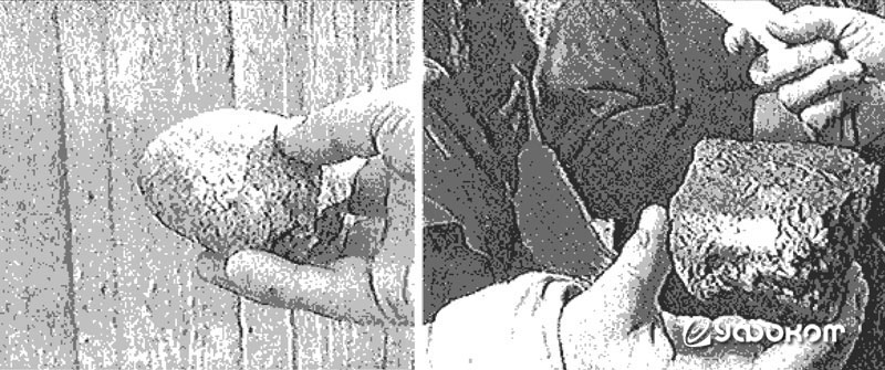 Камни и куски угля, которым были разбиты стекла во время знаменитого случая Аскизского полтергейста, происходившего на территории Республики Хакасия в 1994–1995 годах. Очевидцы отмечали, что куски угля, вылетевшие из влажной кучи, оказывались сухими и теп