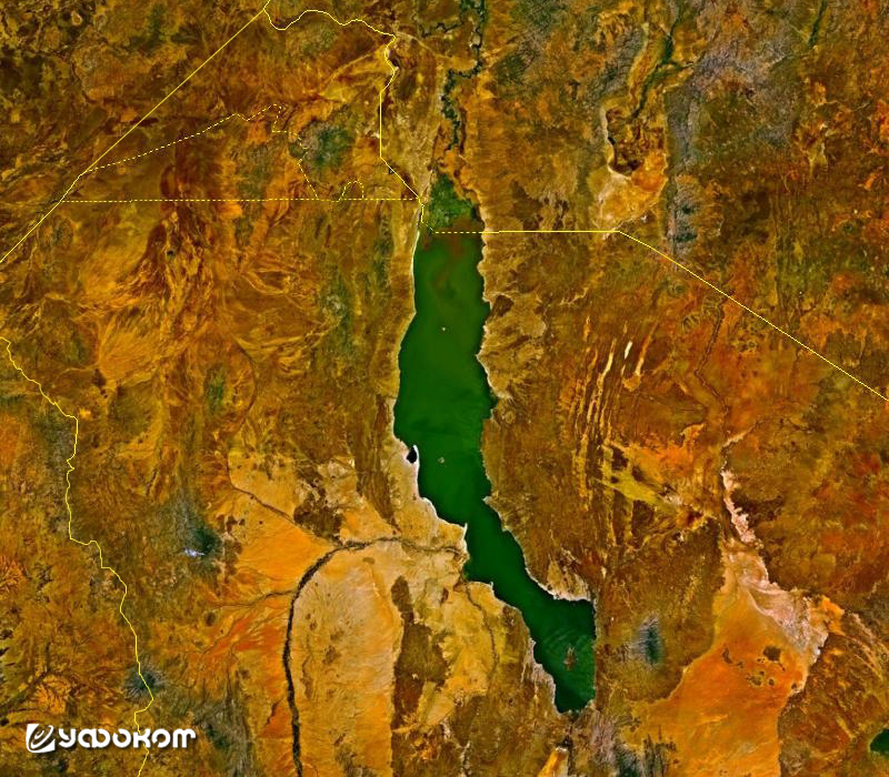 Озеро Туркана на спутниковом снимке. Желтые линии – государственные границы.