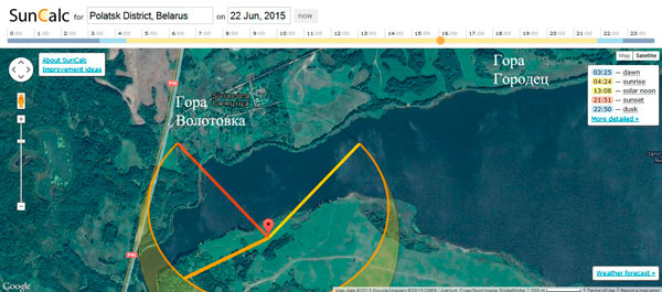 Заход (красная линия слева) и восход Солнца (желтая линия справа) 22 июня 2015 года. Если заход солнца был хотя бы в той стороне, где располагалась Волотовка (Толкачевка), то восход вообще никак не совпадал с горой Городец. Данные сервиса suncalc.net