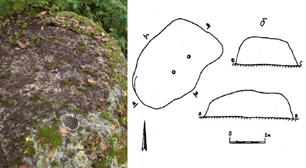 Рис. 24. Слева: выемки на камне 9 (фото В. Акулов, 2012). Справа: схема культового камня № 9 (по А.В. Курбатову).