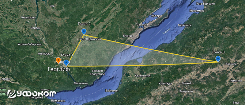 Карта с нанесением местоположения геоглифа и трёх точек из «послания».