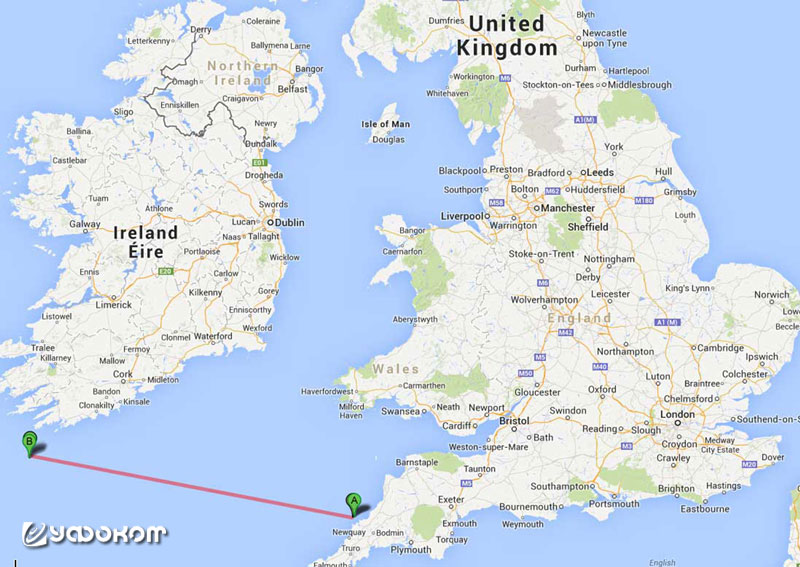 А – место окончательной гибели UB-65, В – место инцидента с подлодкой L-2.