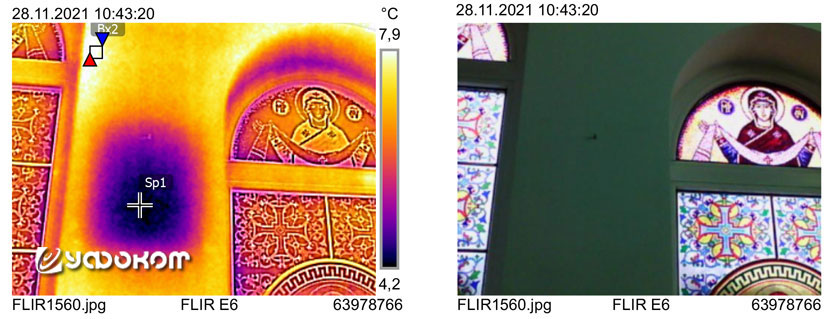 Все термограммы, снятые за иконами в часовне, практически идентичны. Bx2 (Макс. – 8,0 °С, Мин. – 7,6 °С, Средн. – 7,9 °С), Sp1 – 4,2 °С, коэффициент излучения – 0,95, отраж. темп. – 6 °С.