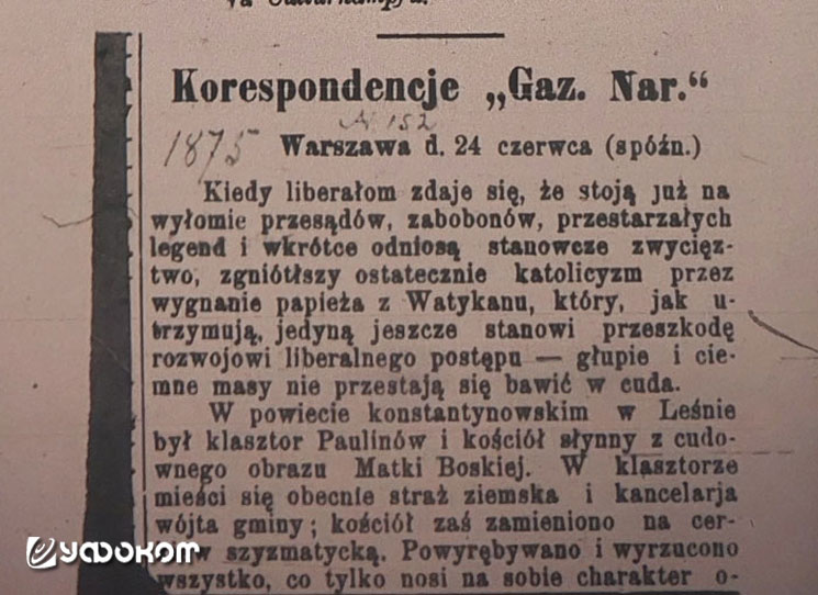 Фрагмент статьи из «Gazeta Narodowa», посвященный в числе прочего мироточению креста в д. Александрово Сохачевского уезда Варшавской губернии. Фрагмент статьи из «Gazeta Narodowa», посвященный в числе прочего мироточению креста в д. Александрово Сохачевского уезда Варшавской губернии.