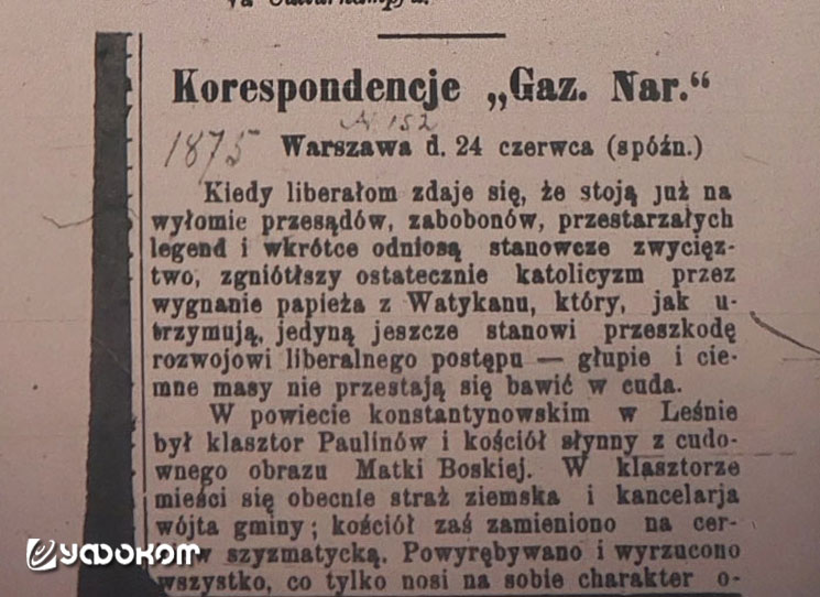 Фрагмент статьи из «Gazeta Narodowa», посвященный в числе прочего мироточению креста в д. Александрово Сохачевского уезда Варшавской губернии.