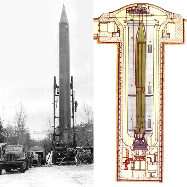 Ракета Р-12: подготовка к наземному старту (слева) и шахтный вариант (справа).