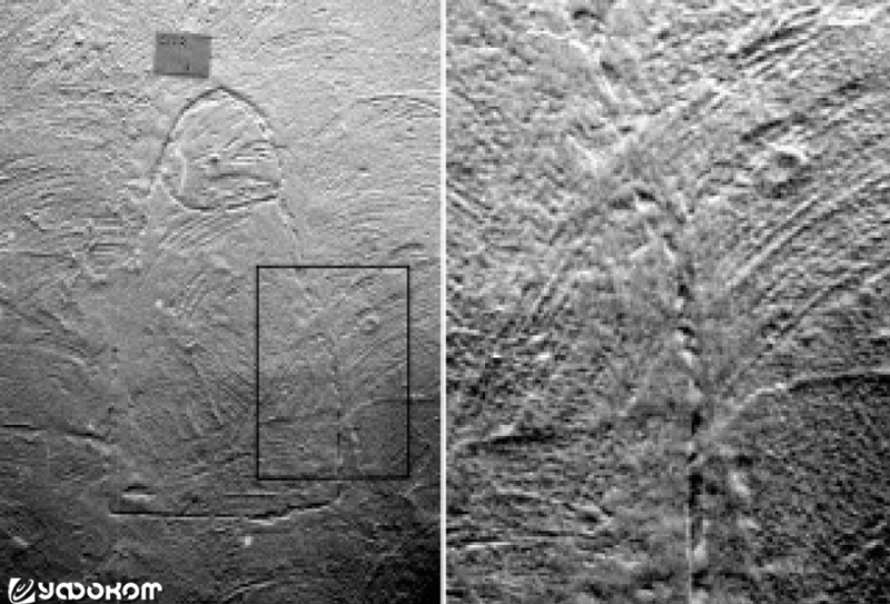 Рис. 9. Изображение «монаха». На увеличенном фрагменте справа показаны возможные доказательства двух слоев краски, один над другим.