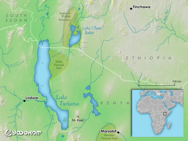 Озеро Туркана на физической карте. В южной части озера виден остров Энваитенет.