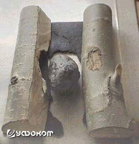 Один из фрагментов метеорита Кунашак (вес 384 г), упавшего в 1949 году, выставлен вместе с частью ствола дерева от крыши зерносушилки, в котором он застрял. Фото: www.old.fmm.ru.