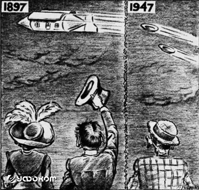Карикатура Филипа Узанаса из популярной американской газеты «Hartford Courant» (штат Коннектикут) за 27 июля 1947 года. Объект 1897 года напоминает изображенный в детской книжке «The Winged Ship».