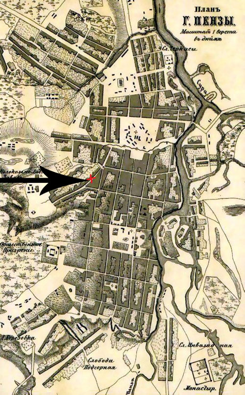 План г. Пензы из атласа Российской Империи (1871 г.). Стрелкой отмечено местонахождение дома №68. 