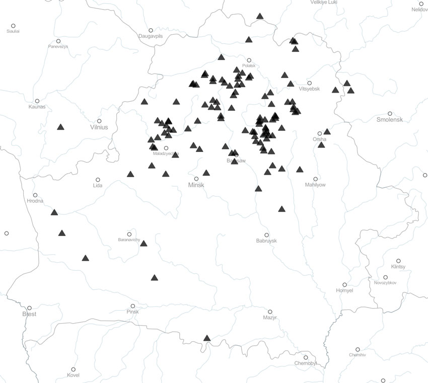 Рис. 1. Карта распространения камней с изображением символа шеста с полусферой на территории Беларуси.
