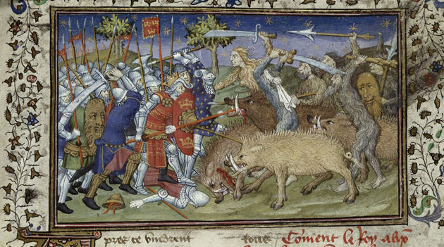 Средневековая британская гравюра, на которой запечатлена сцена сражения рыцарей с некими волосатыми людьми. 