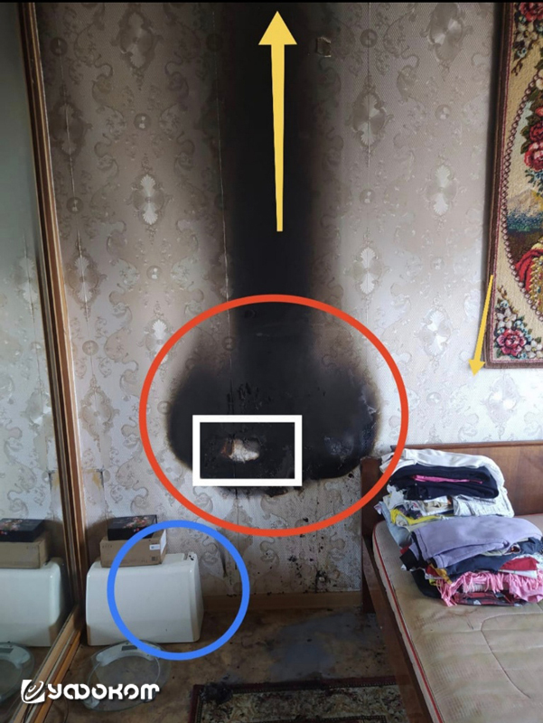 Рис. 2.4. Эпицентр возгорания и зона распространения пламени на поверхности шкафа (спальня родителей). Направление тяги воздуха (желтая стрелка) и характер поражения, по заключению пожарных экспертов, соответствуют классическому локальному поджогу.