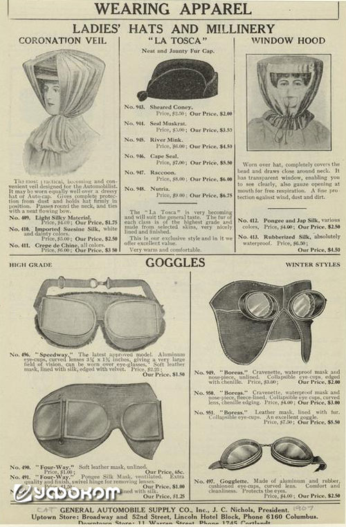 Возможно, упомянутые очевидцем маски аэронавтов имели сходство с модными аксессуарами для любительниц автомобилизма в виде защищающих лицо от ветра шляп и очков-гогглов (Каталог «General Automobile Supply Co.», Нью-Йорк, 1907 год).