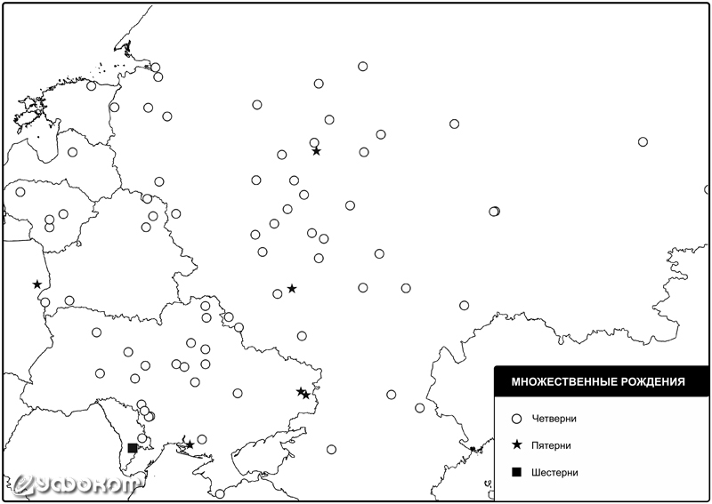 Карта 1. Множественные рождения (четверни, пятерни, шестерни) в 1829–1861 годах.