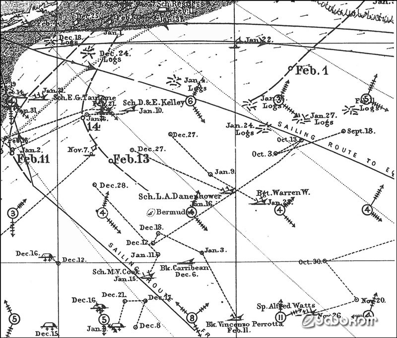 Море в окрестностях Нью-Йорка, забитое брошенными кораблями и их обломками. Фрагмент лоцманской карты за 1888 год с указанием навигационных опасностей. 