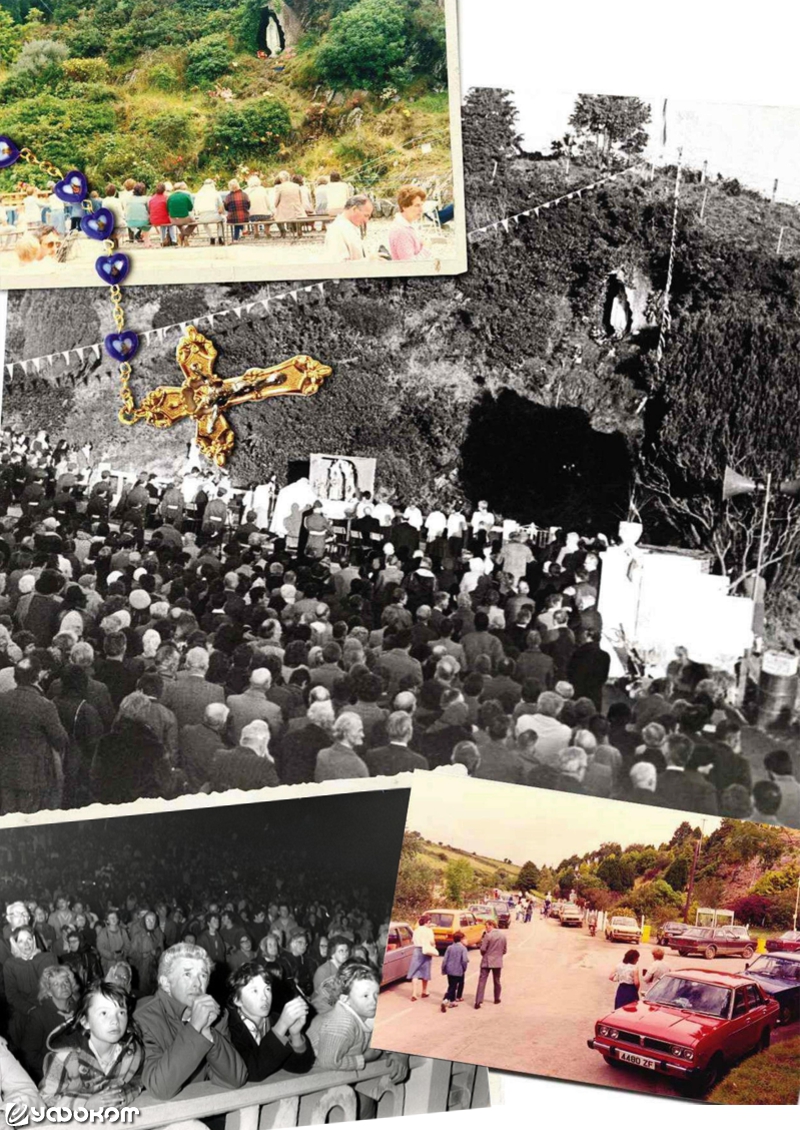 На всех фотографиях изображены паломники в Баллинспитле. Вверху слева и внизу справа фото Лайонела Бира. В центре фото Echo Publications, Ирландия. Внизу слева фото Rex Features / Daily Mail / Monty Fresco.