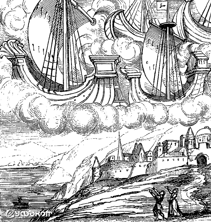 Гравюра из знаменитой «Хроники знамений и чудес» (Базель, 1557) энциклопедиста Конрада Ликостенеса, воспроизведенная во французском журнале «Le Magasin pittoresque» за 1853 год с краткой подписью: «Флот в небе. Видение 114 года». Анонимный (по требованиям