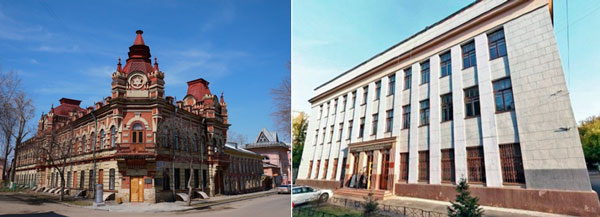 Рис. 1. Здания, в которых раньше располагалась научная библиотека им. Молчанова Сибирского: слева – дом Файнберга (ул. Халтурина, 1); справа – здание на Российской, 20. Рис. 1. Здания, в которых раньше располагалась научная библиотека им. Молчанова Сибирского: слева – дом Файнберга (ул. Халтурина, 1); справа – здание на Российской, 20.
