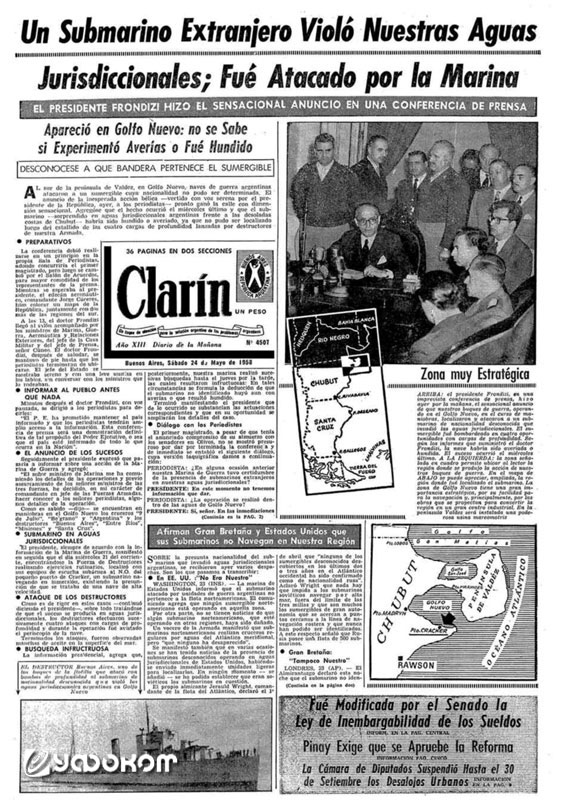 Первая полоса газеты «Clarin» от 24 мая 1958 г. Справа вверху – снимок, сделанный во время пресс-конференции Артуро Фрондиси. Внизу – еще один снимок эсминца «Buenos Aires». Первая полоса газеты «Clarin» от 24 мая 1958 г. Справа вверху – снимок, сделанный во время пресс-конференции Артуро Фрондиси. Внизу – еще один снимок эсминца «Buenos Aires».
